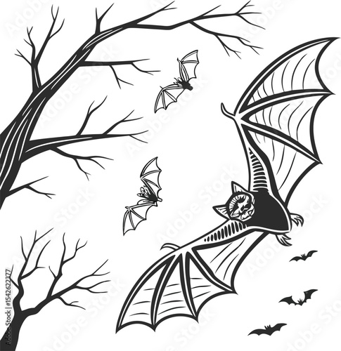 flying bats around scary tree in spooky night sky
