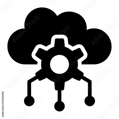 cloud glyph icon with gear and connection nodes