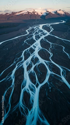 Aerial View of Glacial River System in Iceland with Distinct Flow Patterns and Turquoise Waters