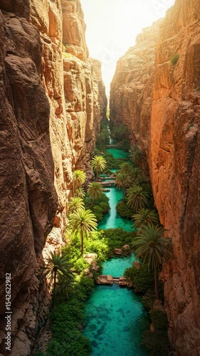 Stunning Canyon Oasis View with Lush Palm Trees and Clear Blue Water