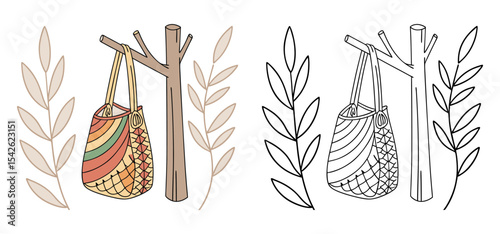 Hand-drawn illustration of a colorful patterned bag hanging on a wooden coat rack with abstract plant decorations.