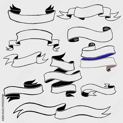 Collection of hand-drawn vintage ribbon banners in black and white. Includes a variety of scrolls, curved ribbons, and folded banner designs in different styles. Ideal for retro labels, logos, posters