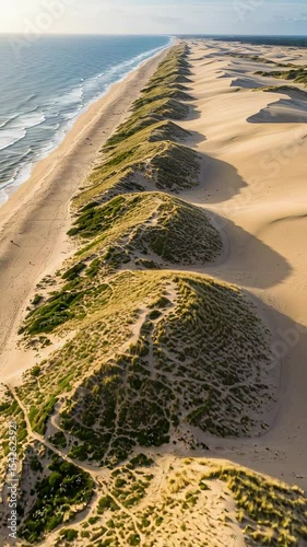 Aerial View of Coastal Sand Dunes with Vegetation and Ocean Waves