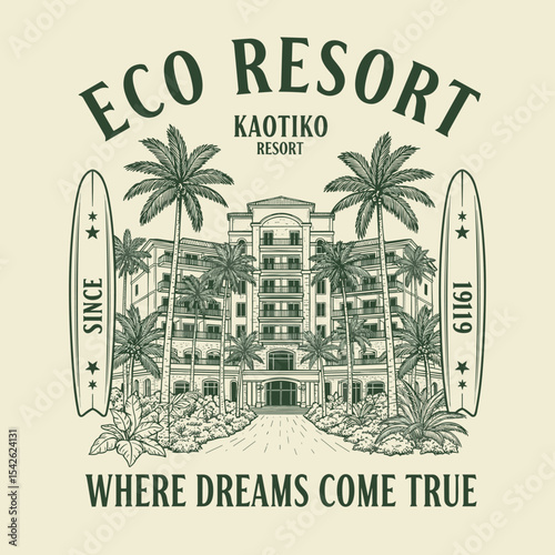Hand Sketch Eco resort. kaotiko resort in beach side. where dreams come true. hand drawn sketch tropical beach graphics. 