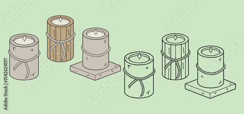 Hand-drawn illustration presenting multiple candles with rope accents and wooden or stone textures on a soft green backdrop.