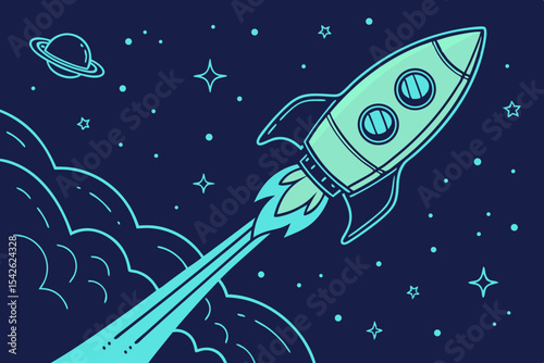 Cartoon rocket ship launching into outer space with stars and planet view