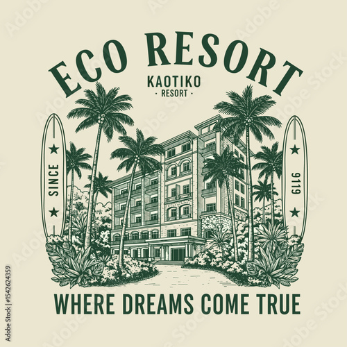 Hand Sketch Eco resort. kaotiko resort in beach side. where dreams come true. hand drawn sketch tropical beach graphics. 