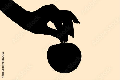 Silhouette of hand holding an apple concept design. Icon of fruit shadow on finger. Vector illustration.	
