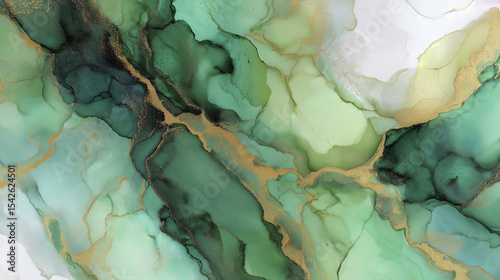 Abstract green alcohol ink painting with gold accents flowing organic shapes vibrant shades of green calming and elegant artistic wall decor modern design fluid art textured surface nature