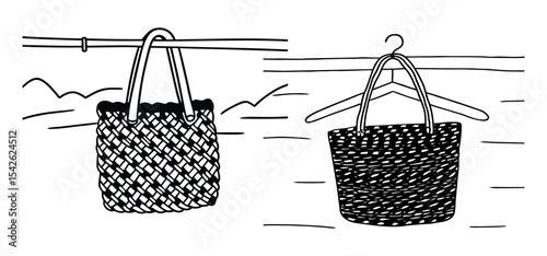 Hand-drawn illustration of two woven bags one hanging on a bar and one on a clothes hanger against a white background.