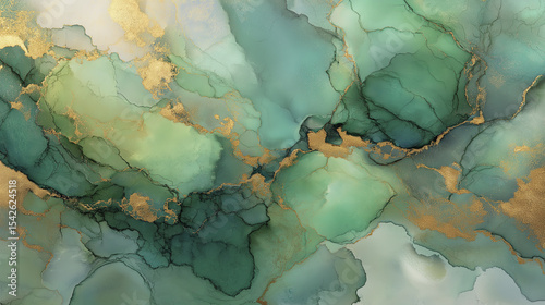 Watercolor abstract art piece featuring flowing shades of green and teal with gold accents, creating calming and elegant visual effect. organic shapes and textures evoke sense of tranquility