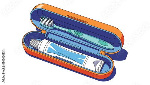 Toothbrush and toothpaste in a travel case illustration, hygiene, dental care concept