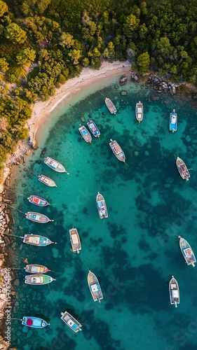 Aerial View of Vibrant Blue Seascape with Sailing Boats Anchored in Serene Coastal Waters