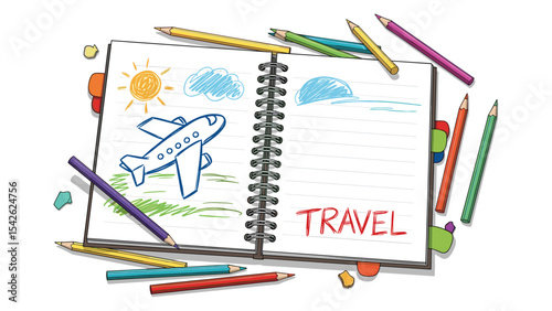 Notebook with travel drawings and colored pencils, perfect for travel agencies
