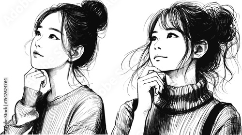 Silent Reflections in Black and White Asian woman short hair thinking portraits ink drawings linework ink sketch hand drawn pen drawing vector illustration background