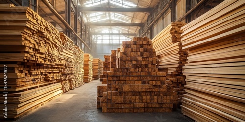 Wallpaper Mural Large industrial warehouse filled with neatly stacked lumber planks and beams with sunlight streaming through high skylights creating a warm atmosphere Torontodigital.ca