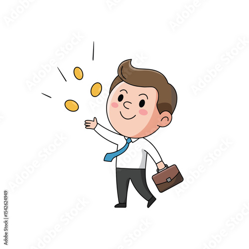 Cartoon man in a suit holding a briefcase and coins in his hand on a white background illustration