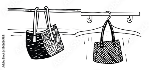 Hand-drawn illustration showcasing two fashionable tote bags with distinct geometric patterns hanging from a decorative rail.