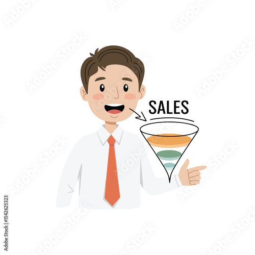 Cartoon man presenting a sales funnel with orange tie and white shirt on a white background