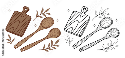 Hand-drawn illustrations of kitchen utensils including wooden cutting boards and spoons with decorative leaf accents.