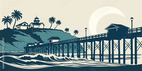 Southern California Skyline – Oceanside Vector with Pier and Ocean Lifestyle Elements