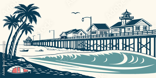 Oceanside Silhouette Illustration Featuring Beachfront, Surf Scene, and Marine Base