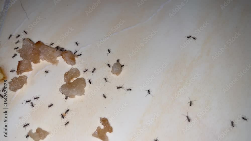 A close-up video of ants swarming and gathering around a piece of food on the ground.