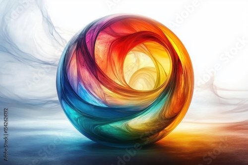 Colorful swirling sphere with vibrant gradients of red, orange, yellow, green, blue, and purple creating an abstract, dynamic, and radiant visual effect on a smooth neutral background