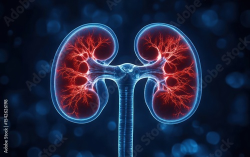 Detailed digital illustration of human kidneys with highlighted blood vessels and ureters on a dark blue blurred background