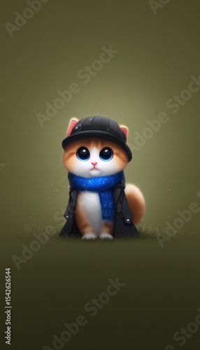 Cute cartoon cat wearing a hat and scarf