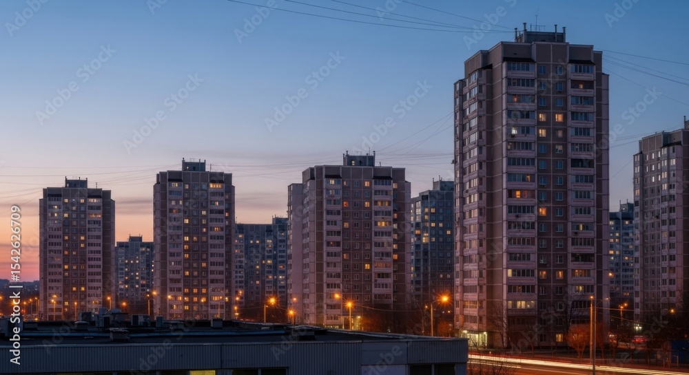 Naklejka premium Urban Landscape with High Rise Buildings Dusk