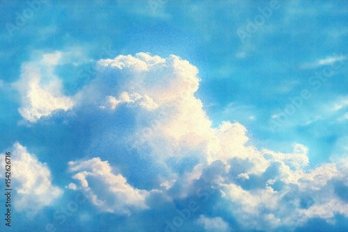 Fluffy white clouds illuminated by sunlight against a bright blue sky evoking a peaceful and serene atmosphere