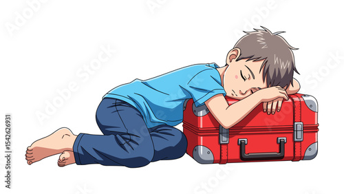 Cartoon boy sleeping on a suitcase, travel, vacation, illustration, tired concept