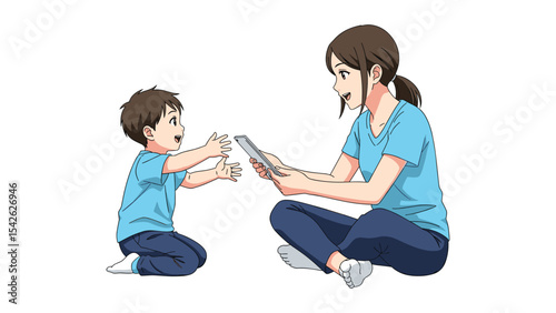 Mother and child cartoon illustration, happy family time with tablet device and digital tech