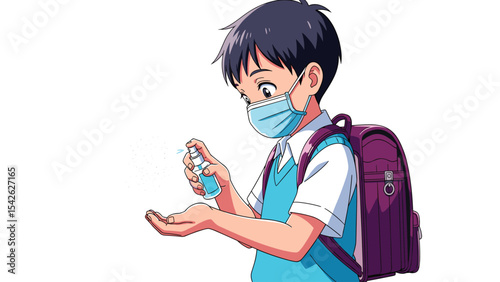 Schoolboy using hand sanitizer, wearing mask, back to school, anime illustration