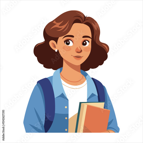 Illustration of a student girl holding books and backpack