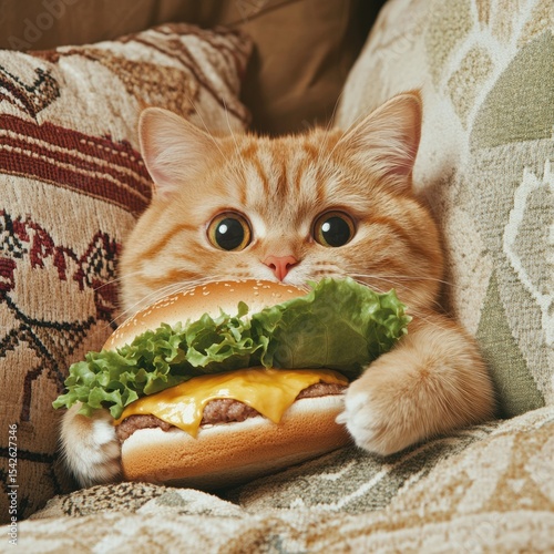 Chubby orange tabby cat enjoying a delicious hamburger on a cozy sofa in a warm living room