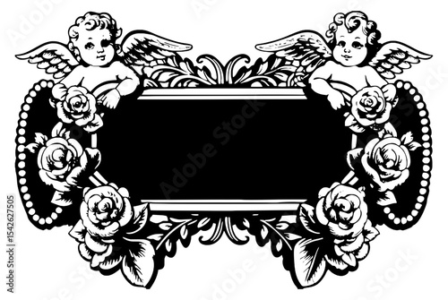 An ornate rectangular frame with a solid black fill, adorned by blooming roses, delicate leaves, and two charming cherubic angels at the top corners.