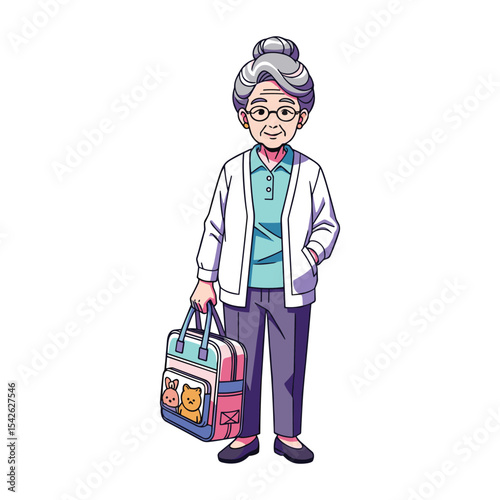 Cute Cartoon Illustration of Elderly Woman with Bag, Perfect for Design and Creative Projects