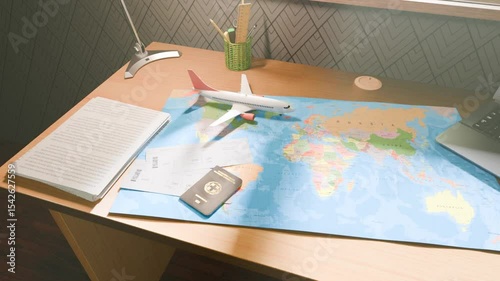 Realistic 3D animation of a miniature airplane taking off beside a Greek passport and boarding pass on a white table. This conceptual travel visual captures the spirit of Mediterranean journeys and gl
