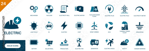 Electric icon. Thermal power plant, plug, battery, electrical safety, ev. Solid vector icons collection.