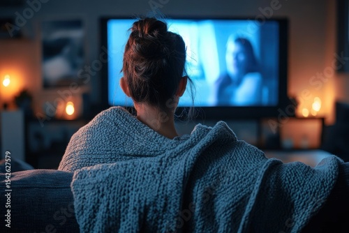 Woman wrapped in a thick knitted blanket watching television alone in a dimly lit cozy room with warm ambient lighting