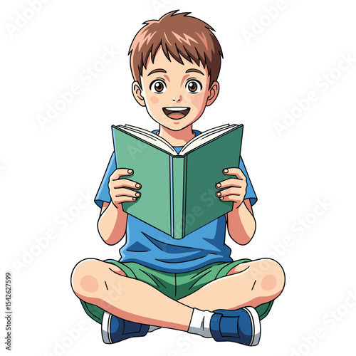 Cartoon Illustration of a Cheerful Boy Reading a Book, Isolated on White Background