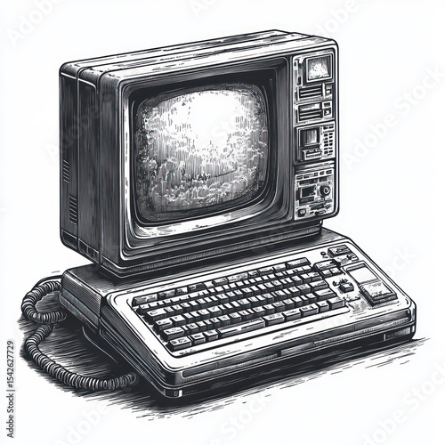 Detailed black and white illustration of a vintage desktop computer with a CRT monitor and keyboard, evoking nostalgia and retro technology charm