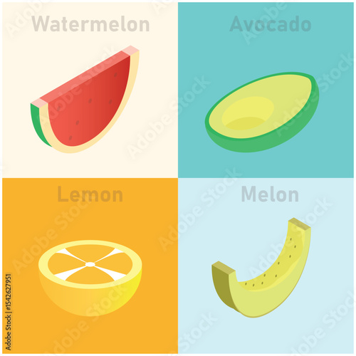 Complete set of flat isometric fruit pattern illustrations