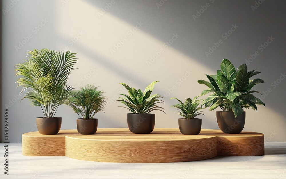 Five diverse green potted plants arranged neatly on a multi-level wooden platform in a minimalist room with soft natural light creating a calm and fresh atmosphere Five diverse green potted plants arranged neatly on a multi-level wooden platform in a minimalist room with soft natural light creating a calm and fresh atmosphere