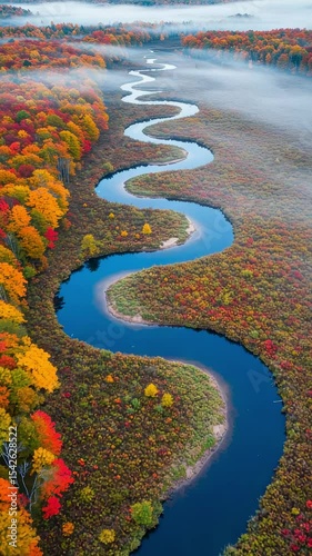 Autumn Landscape with Winding River and Colorful Foliage in Natural Setting