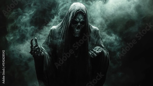 Dark figure resembling a grim reaper with skeletal face and outstretched hands surrounded by eerie green smoke and mist