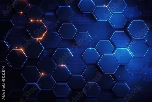 Abstract digital background with blue and orange illuminated hexagonal grid pattern on a dark matrix with futuristic and technological feel