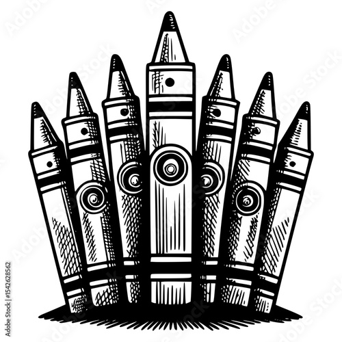 A set of crayons arranged upright in a fanned or crown-like formation, evoking a sense of artistic readiness.